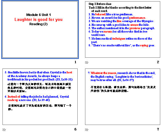 Module 6 Unit 1  
Laughter is good for you
Reading (2)
 language points μͼ