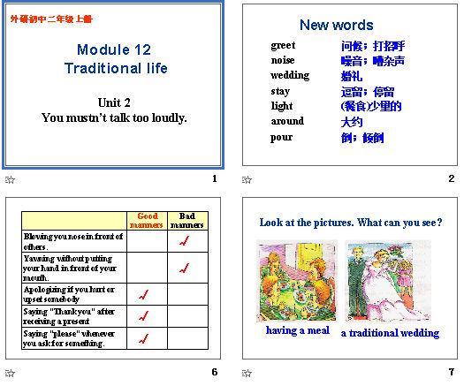 Module 12  Traditional life
Unit 2 You mustnt talk too loudly μͼ