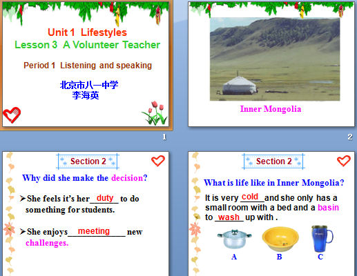 Unit 1  Lifestyles Lesson 3  A Volunteer Teacher  Period 1  Listening and speaking μͼ