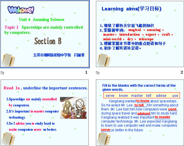 Unit 4  Amazing Science
Topic 1 Spaceships are mainly controlled by computers. Section B μͼ